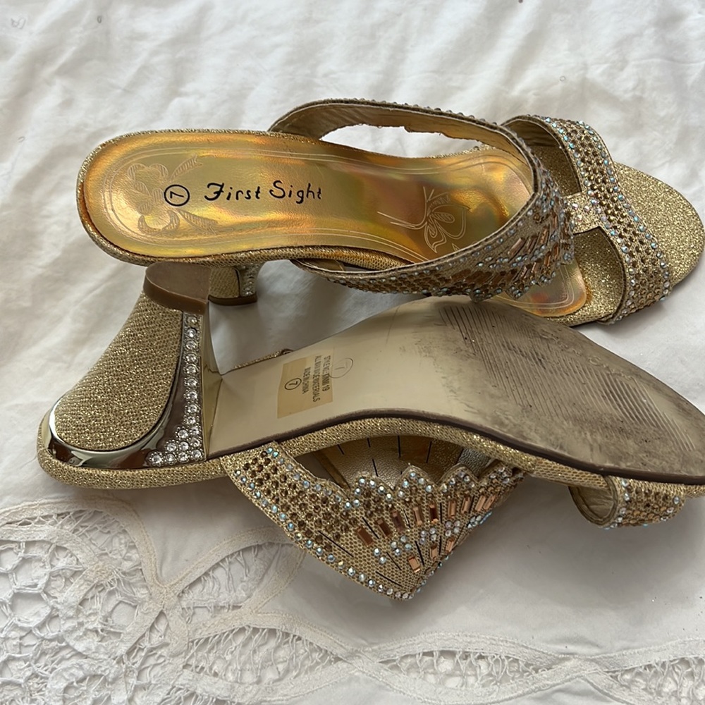 First Sight Gold Rhinestone Sandals - Picture 4 of 11